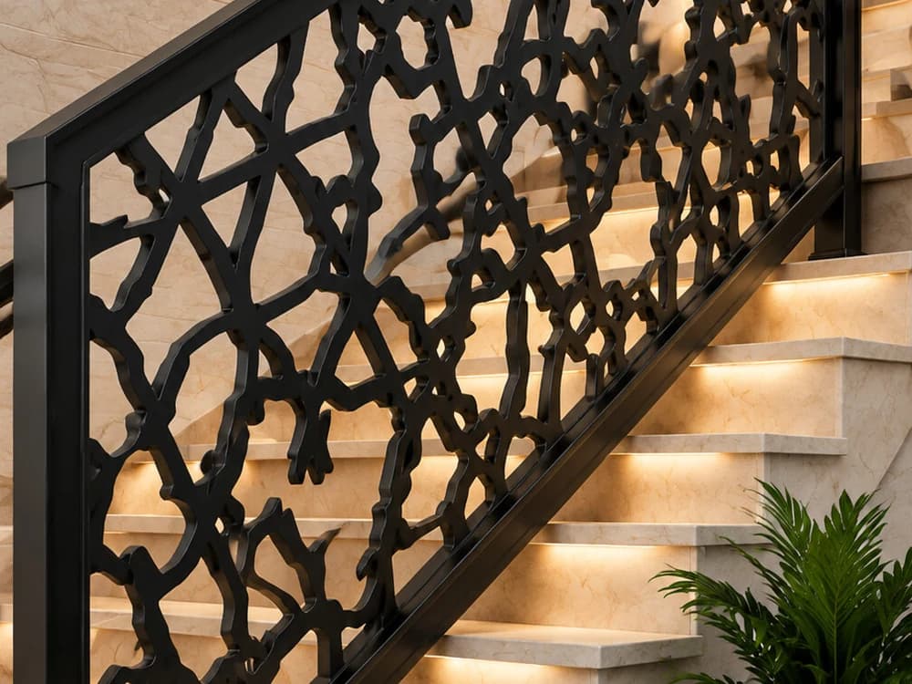 Staircase railing panel in laser-cut steel