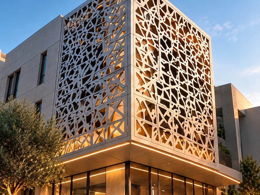 Building facade screen in laser-cut steel